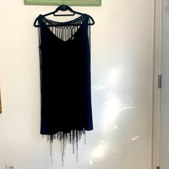 Onyx Nite Black Fringe macramé Flirty Shift dress mini size 8 women’s - Picture 1 of 6